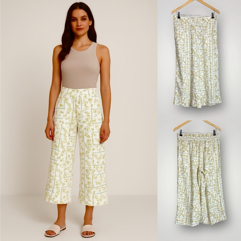 Joie Floral Wide Leg 100% Linen Pants Size Medium Cropped Pockets EUC
